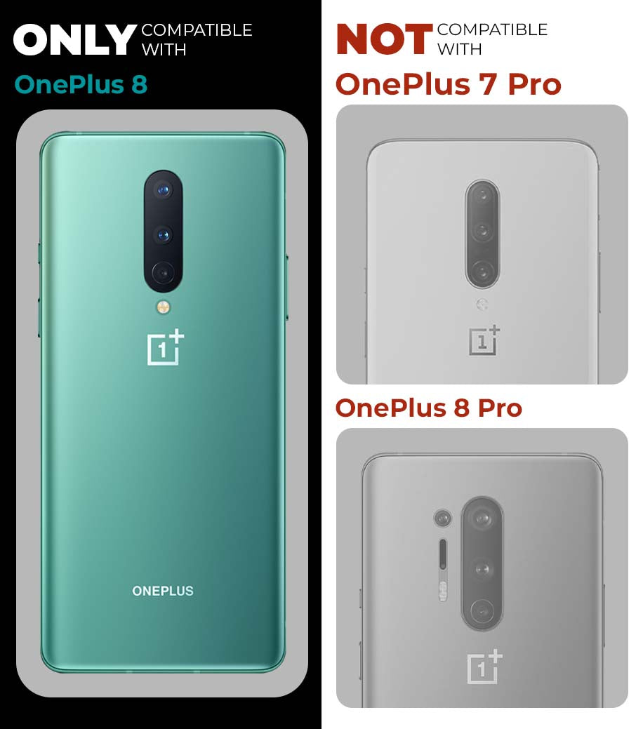 Clear hard back case compatibility guide showing fit for OnePlus 8 and not compatible with other models