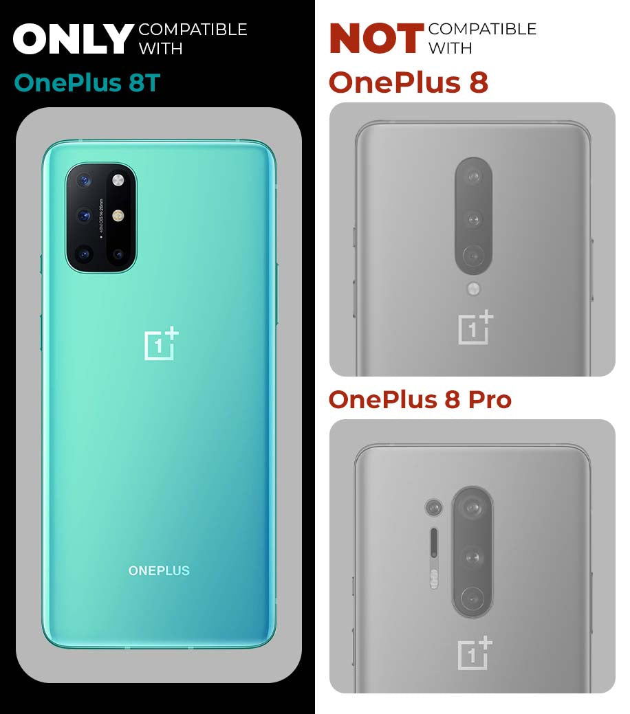 Clear hard back case compatibility guide showing fit for OnePlus 8T and not compatible with other models