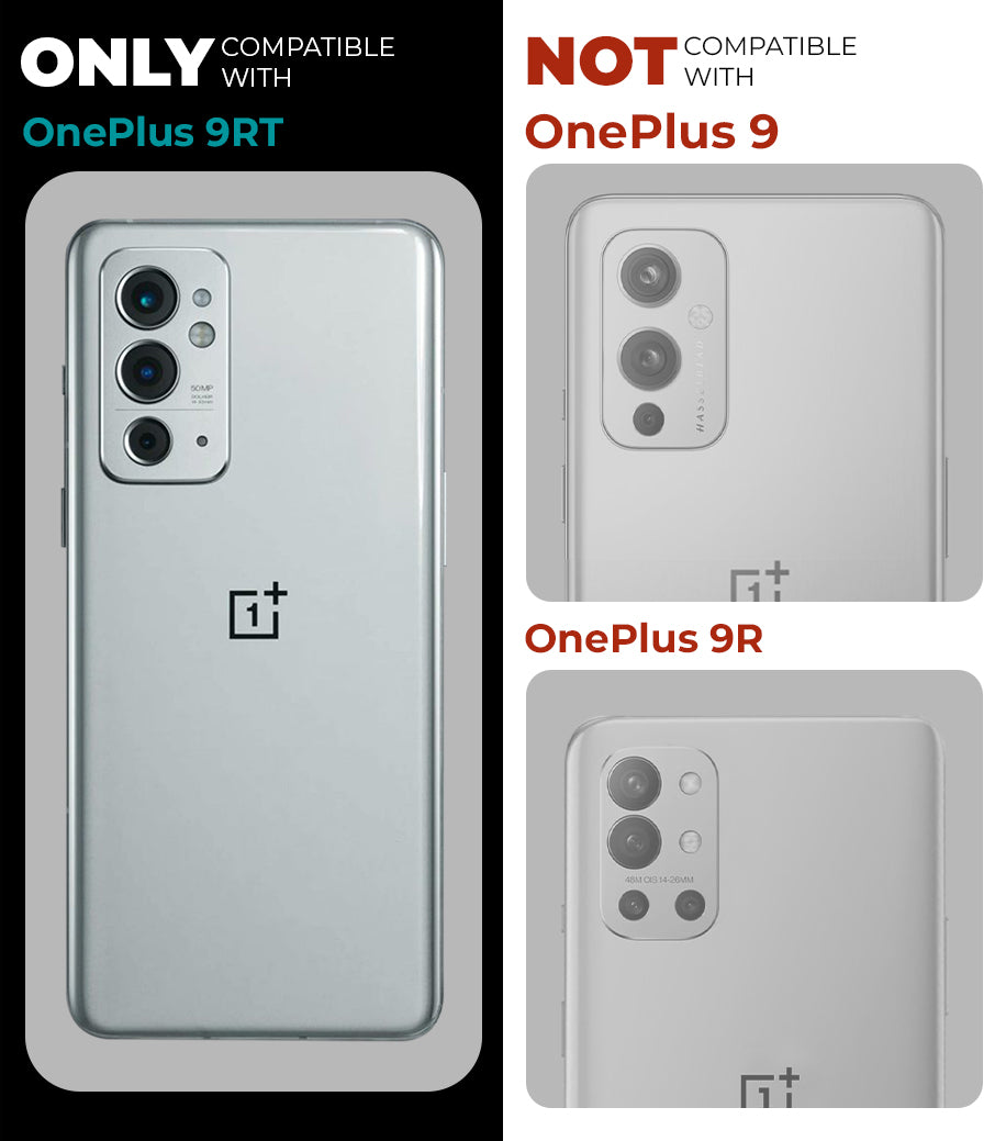 Clear hard back case compatibility guide showing fit for OnePlus 9RT and not compatible with other models