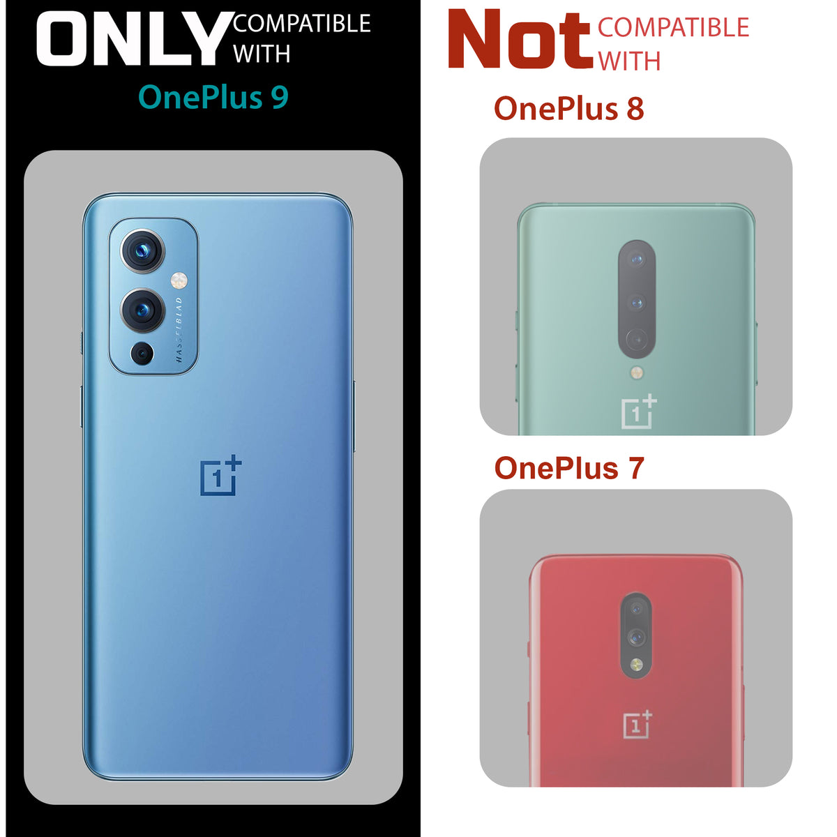Clear hard back case compatibility guide showing fit for OnePlus 9 and not compatible with other models