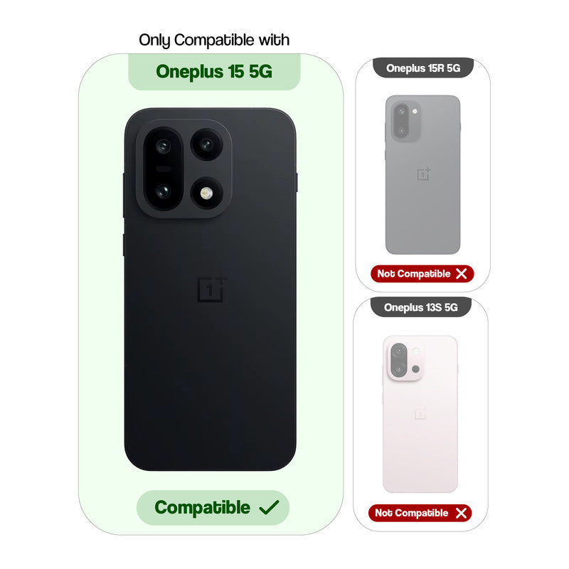 Compatibility guide showing the back cover designed only for OnePlus 15 5G.