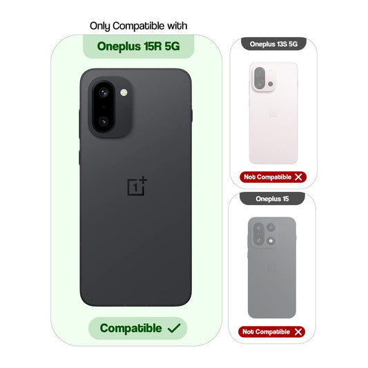 Clear hard back case compatibility guide showing fit for OnePlus 15R 5G and not compatible with other models