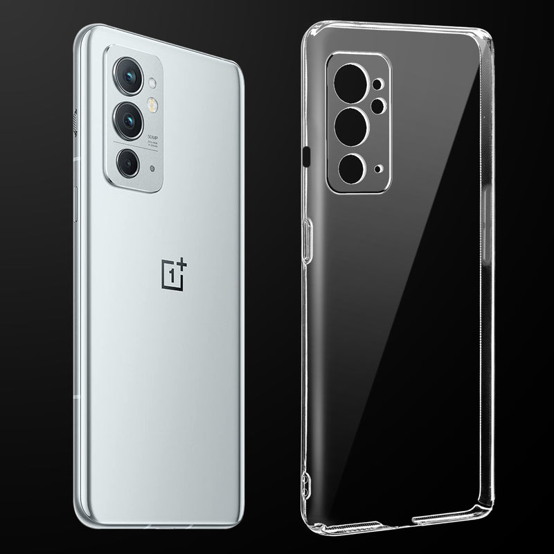 Transparent anti-yellow hard back case fitted on OnePlus 9RT showing full back coverage and camera protection