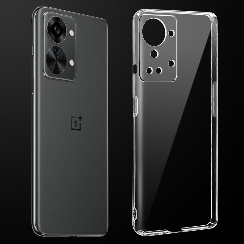 Transparent anti-yellow hard back case fitted on OnePlus Nord 2T showing full back coverage and camera protection
