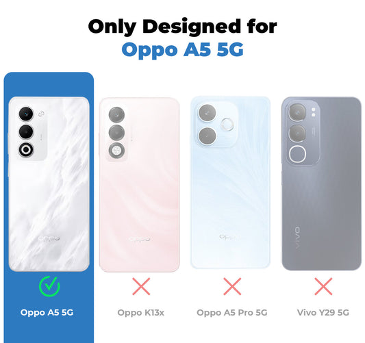 Clear hard back case compatibility guide showing fit for Oppo A5 5G and not compatible with other models