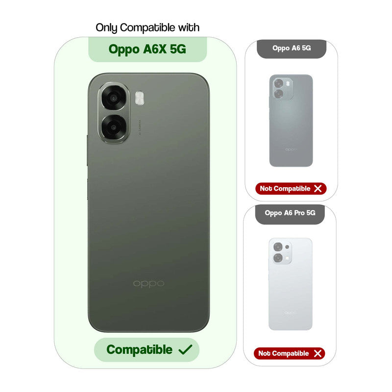 Compatibility guide showing the back cover designed only for Oppo A6x 5G.