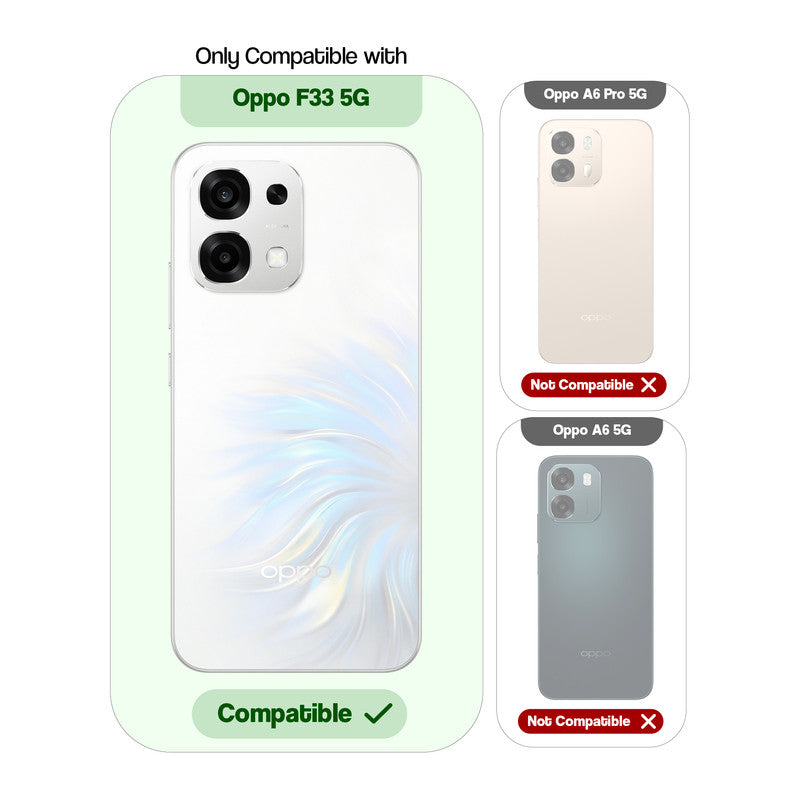 Clear hard back case compatibility guide showing fit for Oppo F33 5G and not compatible with other models