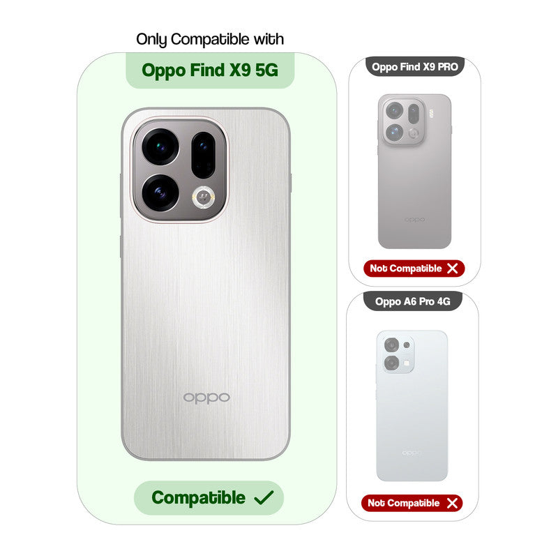 Clear hard back case compatibility guide showing fit for Oppo Find X9 5G and not compatible with other models