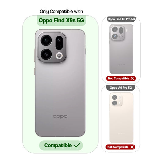 Clear hard back case compatibility guide showing fit for Oppo Find X9s 5G and not compatible with other models