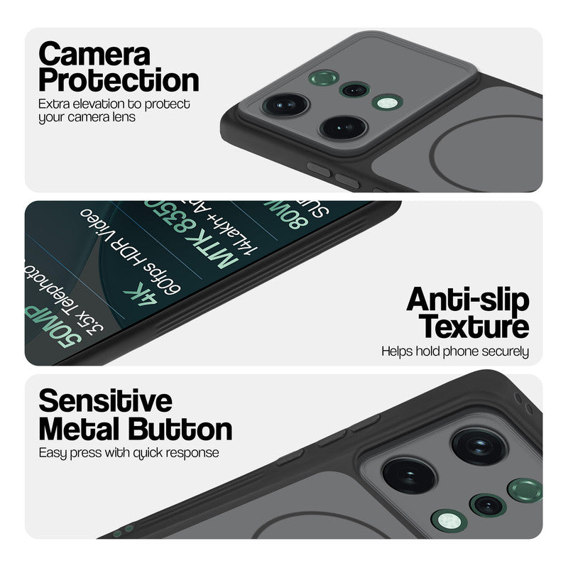 Black Phone case for Oppo Reno 14 5G highlighting raised camera protection, anti-slip texture, and responsive side buttons