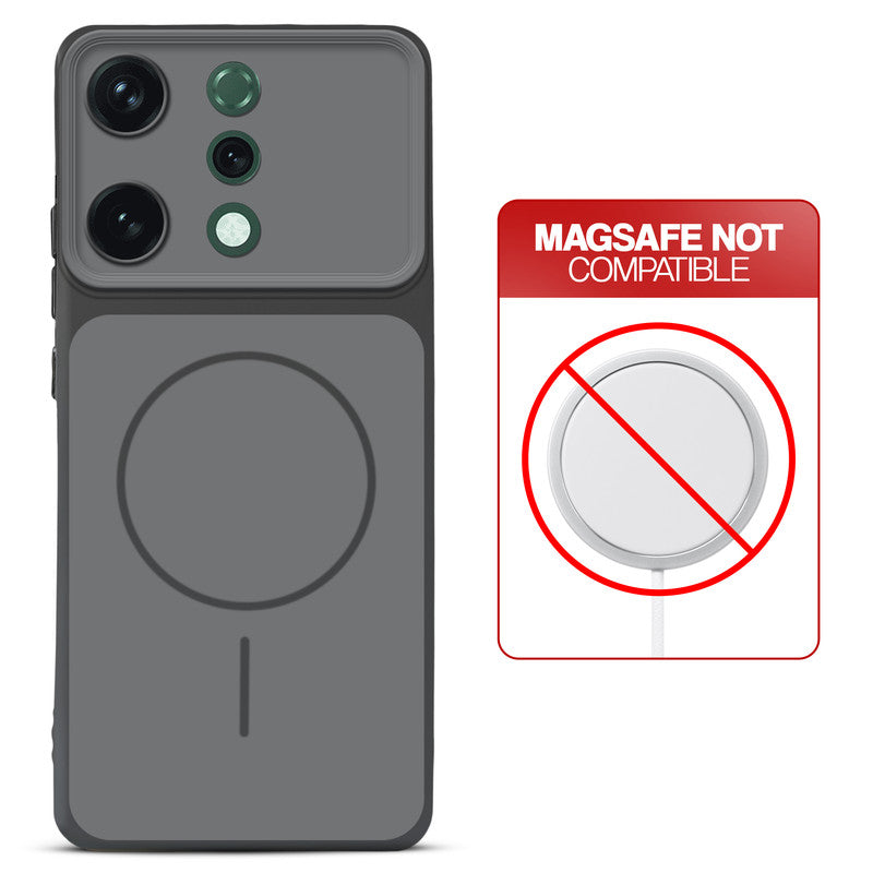 Dual tone silicone Black phone cover for Oppo Reno 14 5G showing wireless charging not supported notice