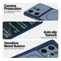 Blue Phone case for Oppo Reno 14 5G highlighting raised camera protection, anti-slip texture, and responsive side buttons