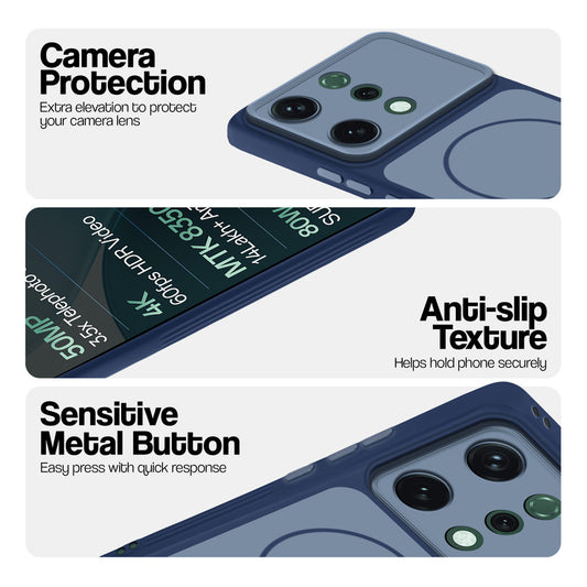 Blue Phone case for Oppo Reno 14 5G highlighting raised camera protection, anti-slip texture, and responsive side buttons