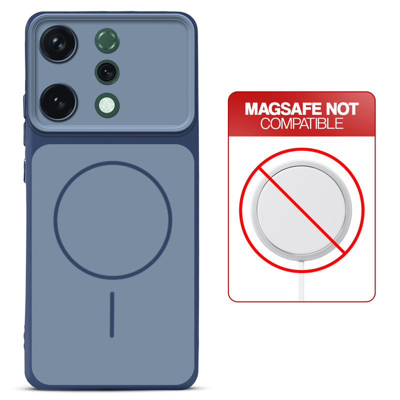 Dual tone silicone Blue phone cover for Oppo Reno 14 5G showing wireless charging not supported notice