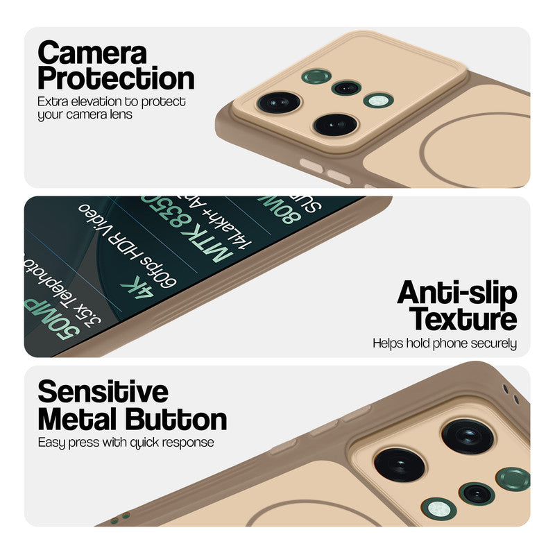 Brown Phone case for Oppo Reno 14 5G highlighting raised camera protection, anti-slip texture, and responsive side buttons