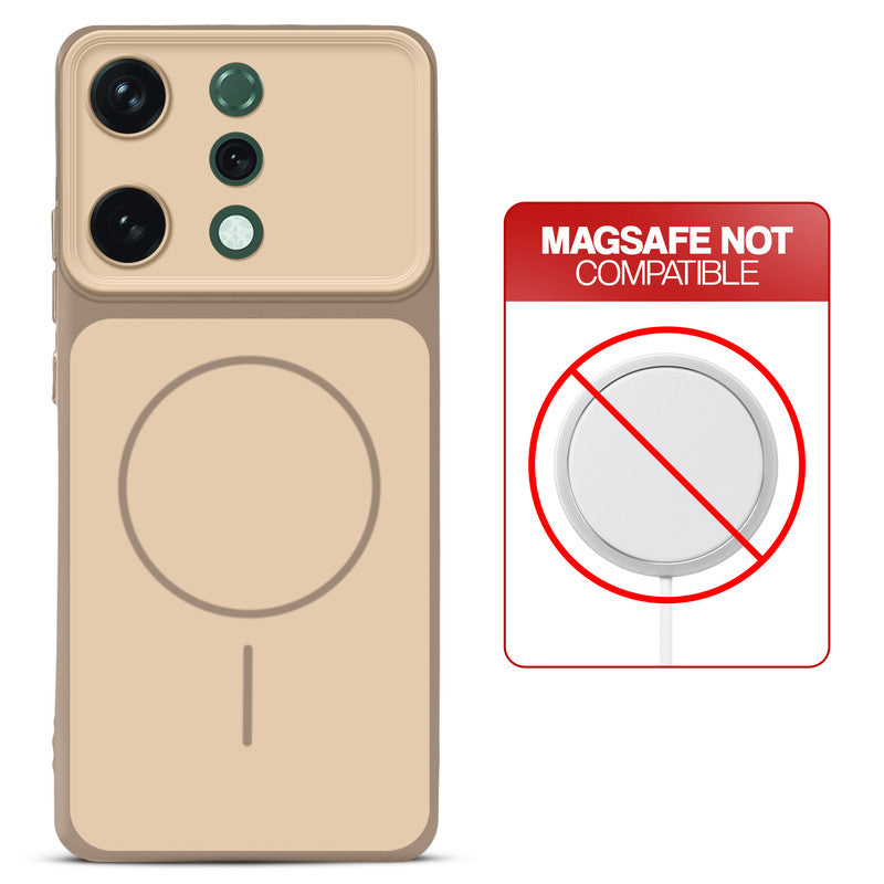 Dual tone silicone Brown phone cover for Oppo Reno 14 5G showing wireless charging not supported notice