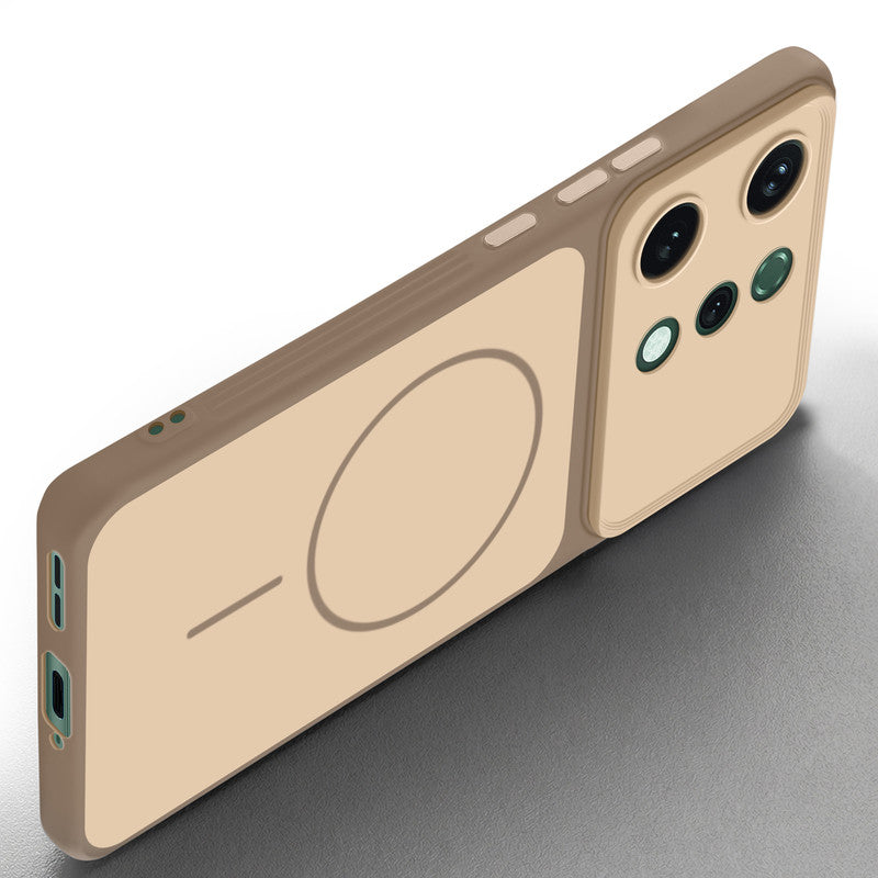 Slim silicone Brown phone case for Oppo Reno 14 5G side angle view showing grip texture and precise cutouts