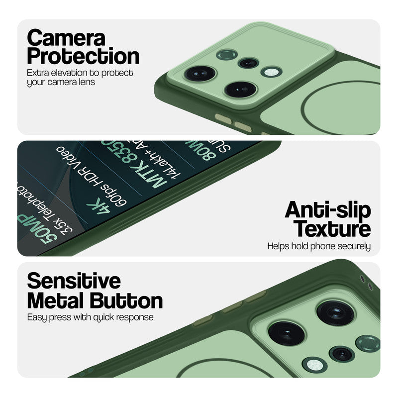 Green Phone case for Oppo Reno 14 5G highlighting raised camera protection, anti-slip texture, and responsive side buttons