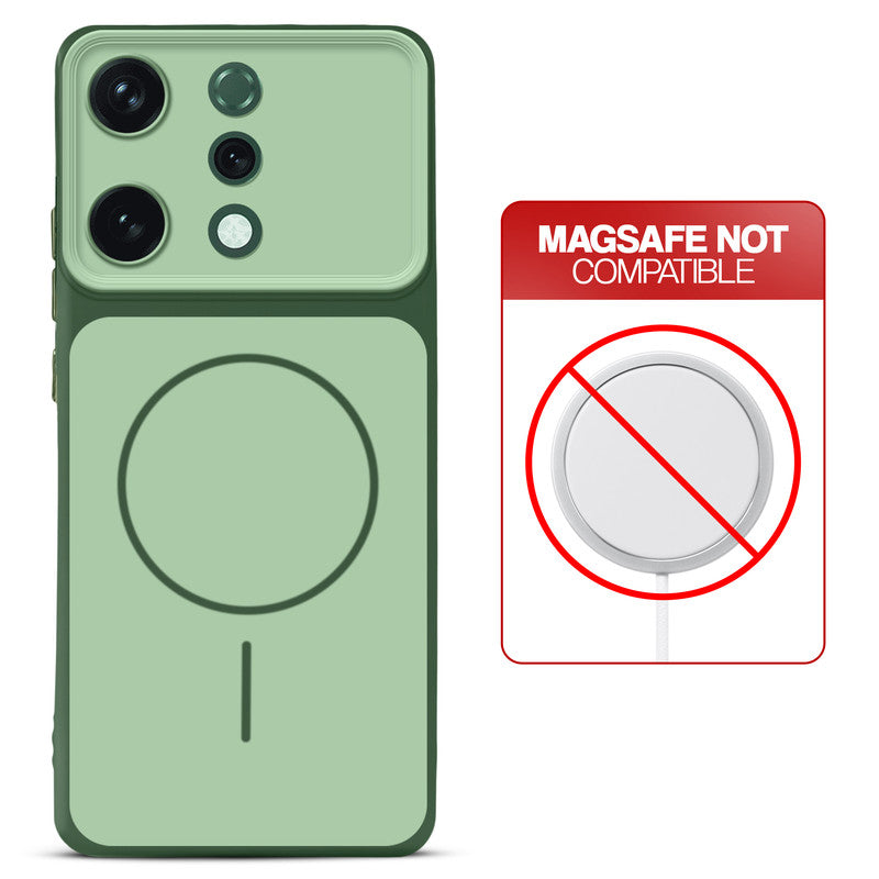 Dual tone silicone Green phone cover for Oppo Reno 14 5G showing wireless charging not supported notice