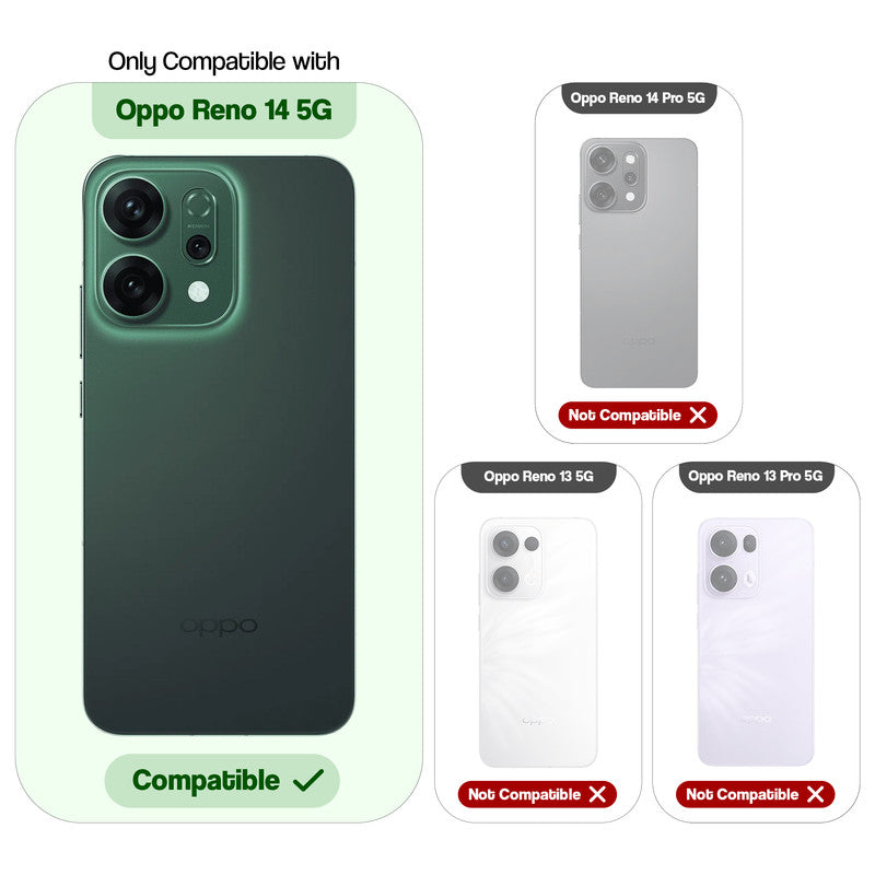 Compatibility comparison image showing Oppo Reno 14 5G supported, while other models are not compatible.