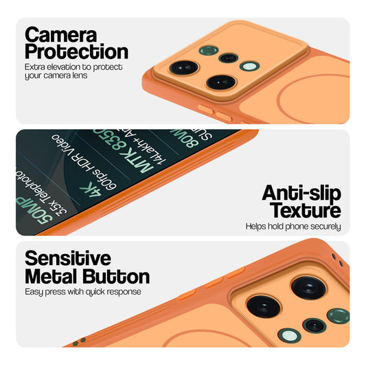 Orange Phone case for Oppo Reno 14 5G highlighting raised camera protection, anti-slip texture, and responsive side buttons