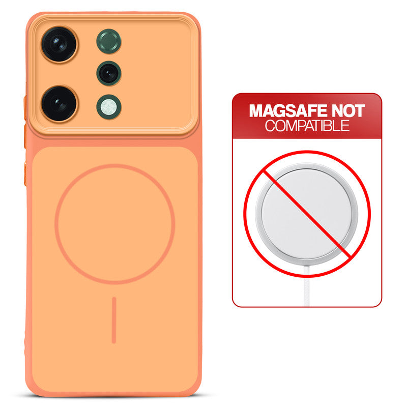 Dual tone silicone Orange phone cover for Oppo Reno 14 5G showing wireless charging not supported notice