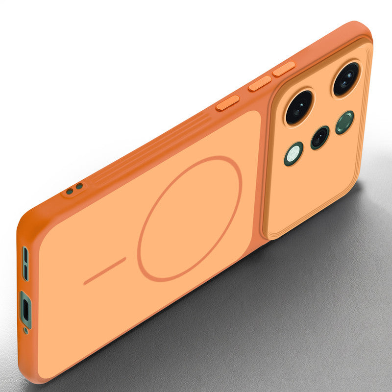 Slim silicone Orange phone case for Oppo Reno 14 5G side angle view showing grip texture and precise cutouts