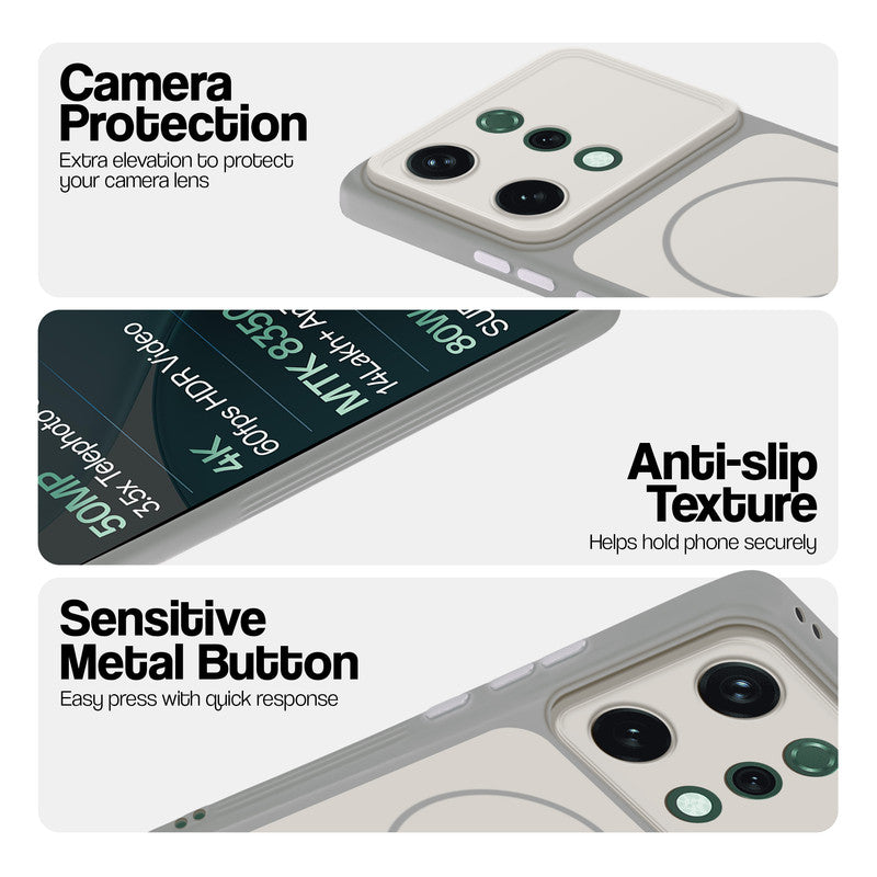 White Phone case for Oppo Reno 14 5G highlighting raised camera protection, anti-slip texture, and responsive side buttons