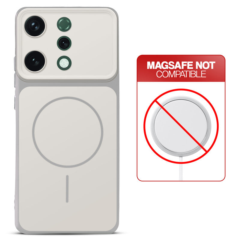 Dual tone silicone White phone cover for Oppo Reno 14 5G showing wireless charging not supported notice