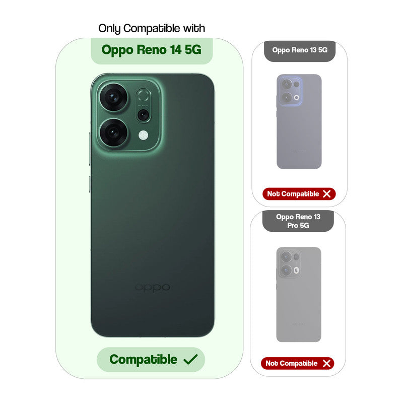 Compatibility guide showing the back cover designed only for Oppo Reno 14 5G.