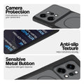 Black Phone case for Oppo Reno 14 Pro 5G highlighting raised camera protection, anti-slip texture, and responsive side buttons