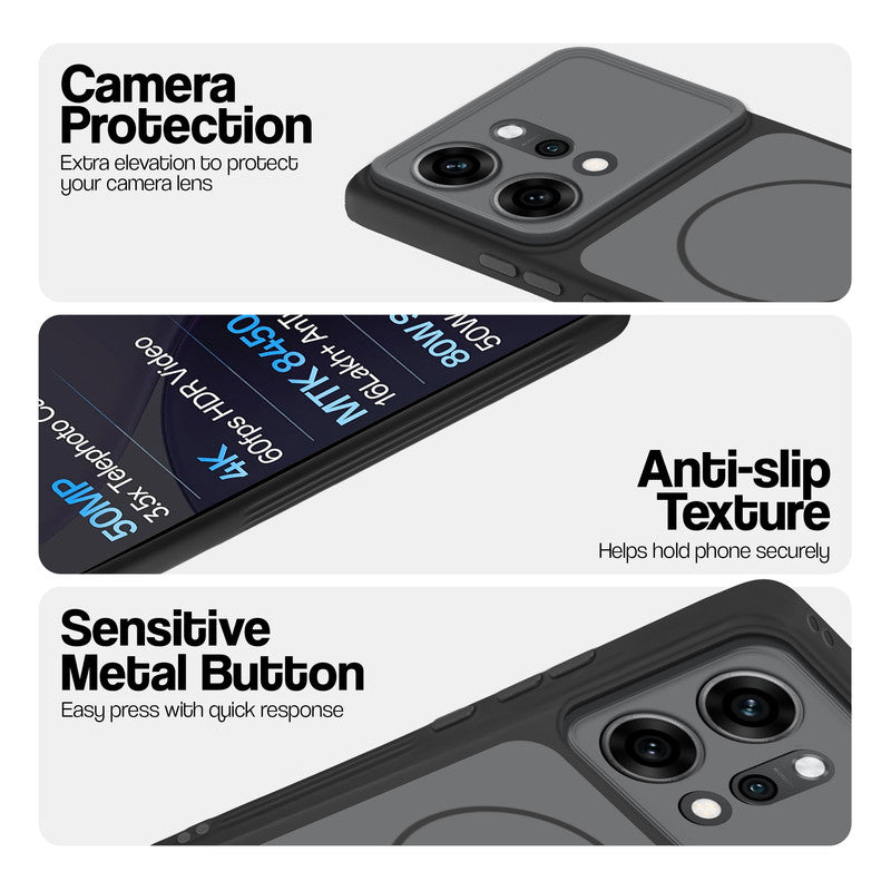 Black Phone case for Oppo Reno 14 Pro 5G highlighting raised camera protection, anti-slip texture, and responsive side buttons