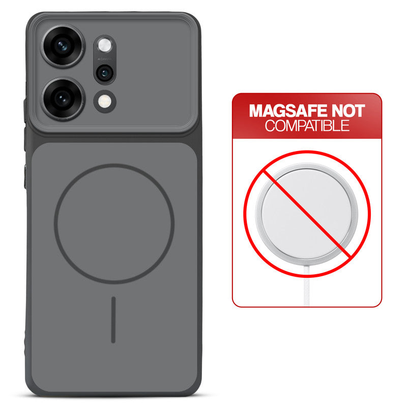Dual tone silicone Black phone cover for Oppo Reno 14 Pro 5G showing wireless charging not supported notice