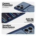 Blue Phone case for Oppo Reno 14 Pro 5G highlighting raised camera protection, anti-slip texture, and responsive side buttons