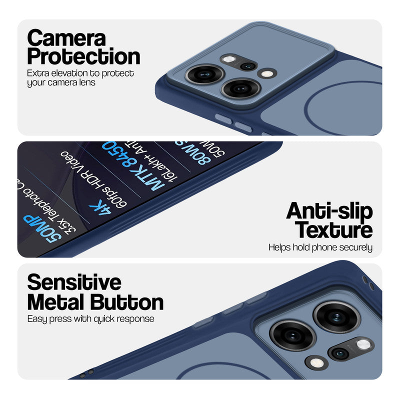 Blue Phone case for Oppo Reno 14 Pro 5G highlighting raised camera protection, anti-slip texture, and responsive side buttons