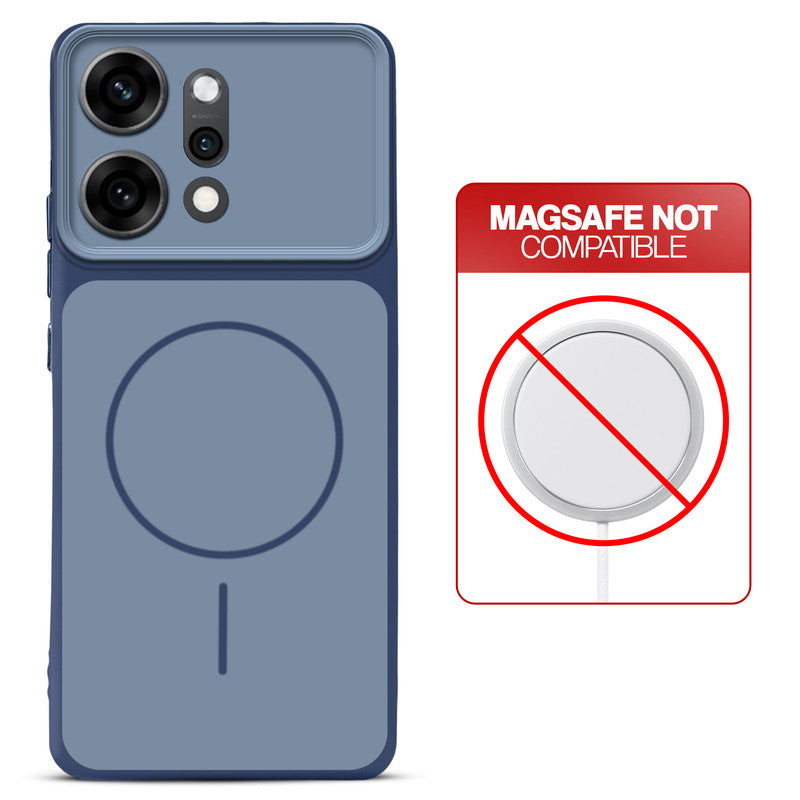 Dual tone silicone Blue phone cover for Oppo Reno 14 Pro 5G showing wireless charging not supported notice