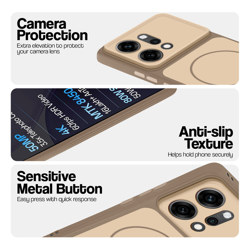 Brown Phone case for Oppo Reno 14 Pro 5G highlighting raised camera protection, anti-slip texture, and responsive side buttons