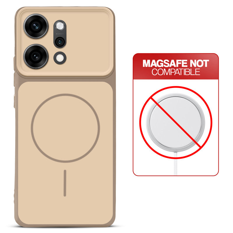 Dual tone silicone Brown phone cover for Oppo Reno 14 Pro 5G showing wireless charging not supported notice