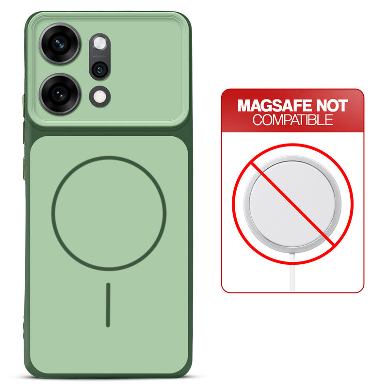 Dual tone silicone Green phone cover for Oppo Reno 14 Pro 5G showing wireless charging not supported notice