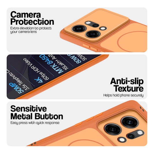 Orange Phone case for Oppo Reno 14 Pro 5G highlighting raised camera protection, anti-slip texture, and responsive side buttons