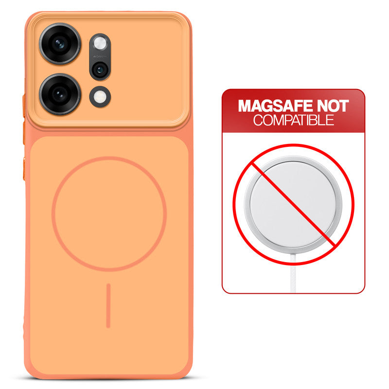 Dual tone silicone Orange phone cover for Oppo Reno 14 Pro 5G showing wireless charging not supported notice