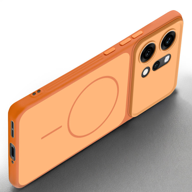 Slim silicone Orange phone case for Oppo Reno 14 Pro 5G side angle view showing grip texture and precise cutouts
