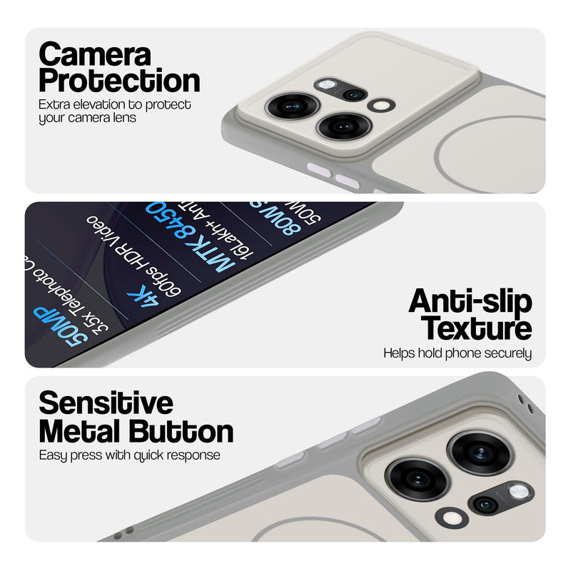White Phone case for Oppo Reno 14 Pro 5G highlighting raised camera protection, anti-slip texture, and responsive side buttons