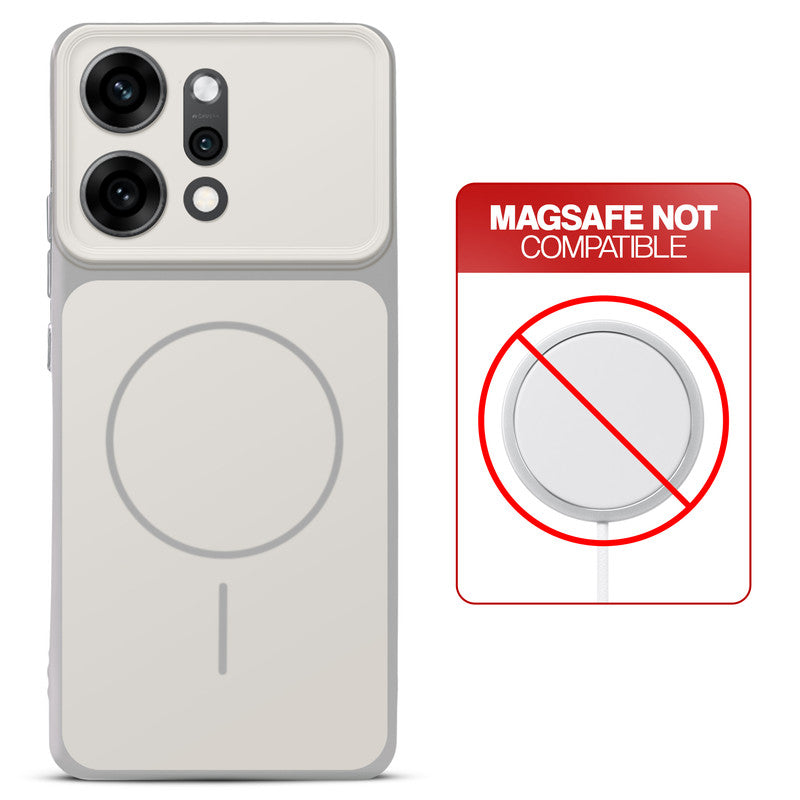 Dual tone silicone White phone cover for Oppo Reno 14 Pro 5G showing wireless charging not supported notice
