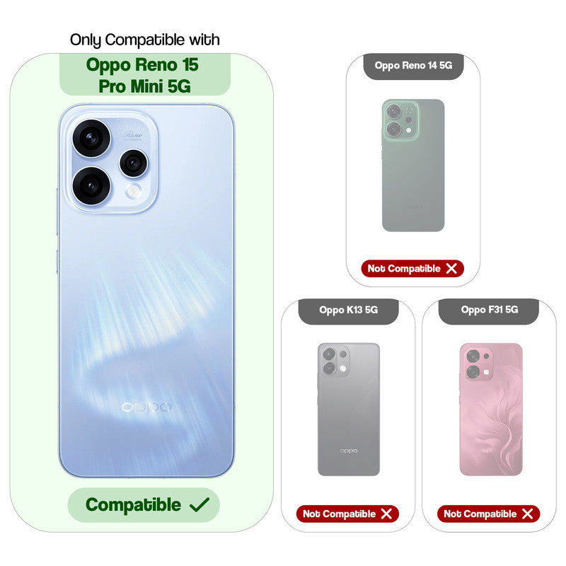 Compatibility guide showing the back cover designed only for Oppo Reno 15 Pro Mini 5G.