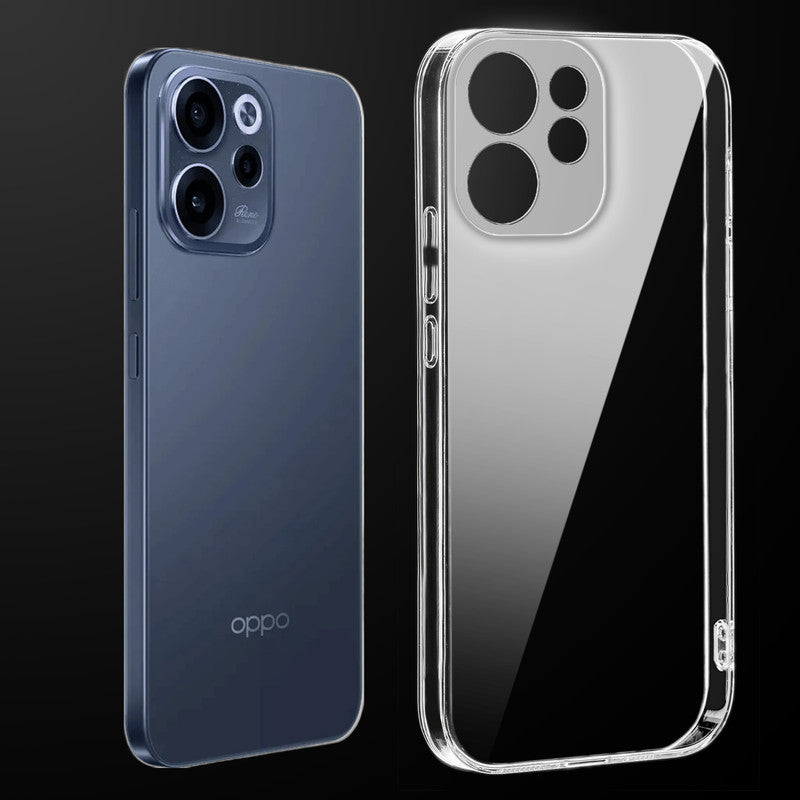 Transparent anti-yellow hard back case fitted on Oppo Reno 15c 5G showing full back coverage and camera protection