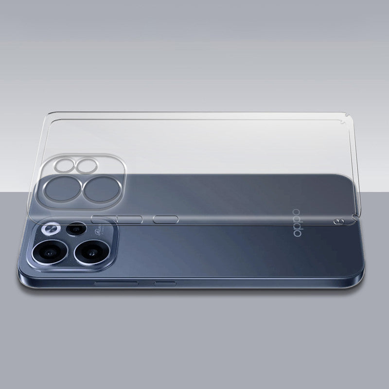 Transparent hard back case being installed on Oppo Reno 15c 5G showing perfect alignment and camera protection fit