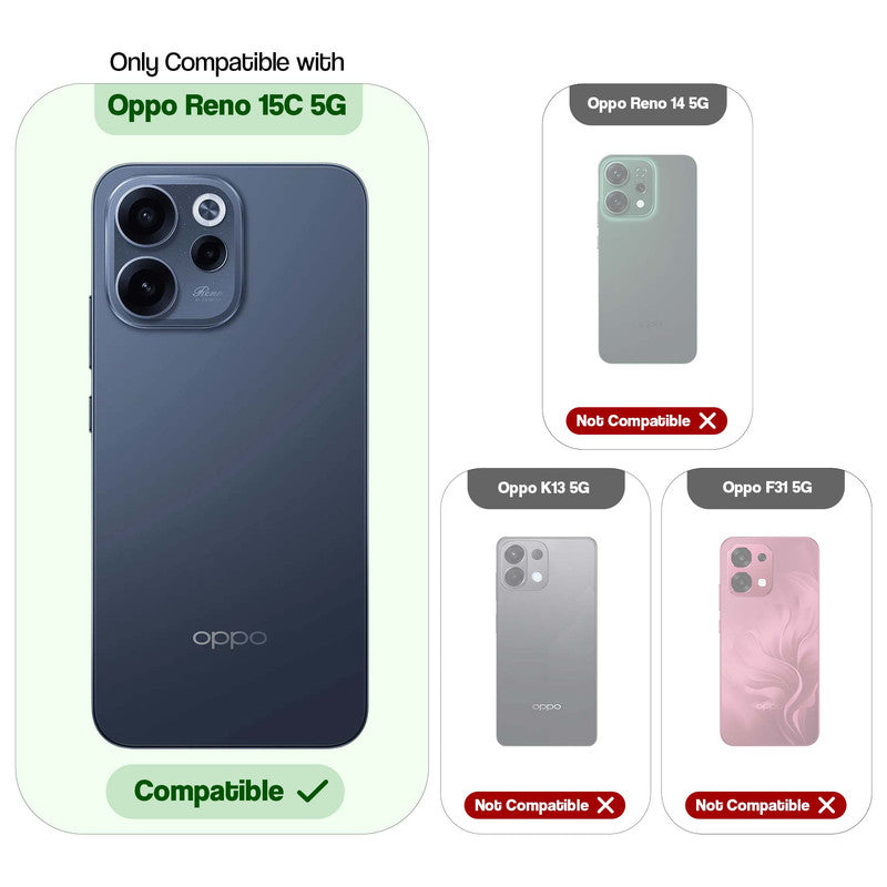 Compatibility guide showing the back cover designed only for Oppo Reno 15C 5G.