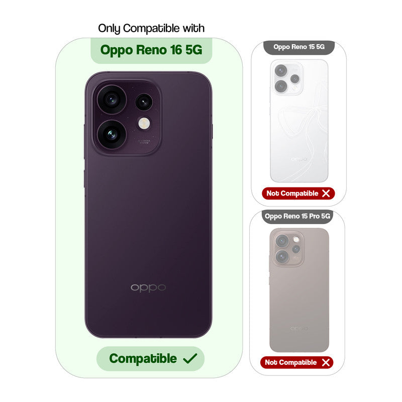 Compatibility guide showing the back cover designed only for Oppo Reno 16 5G.