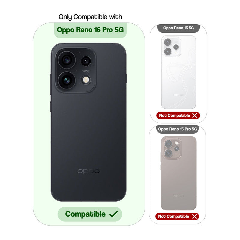 Compatibility guide showing the back cover designed only for Oppo Reno 16 Pro 5G.
